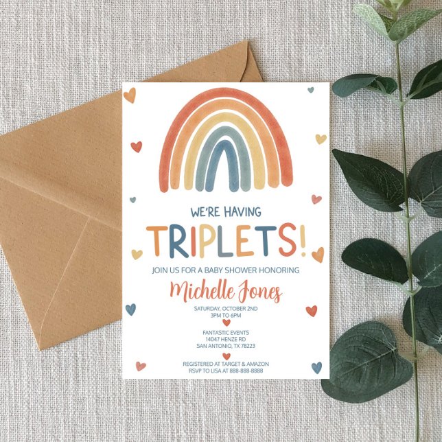 Boho Rainbow Triplets Baby Shower Invitation (Creator Uploaded)