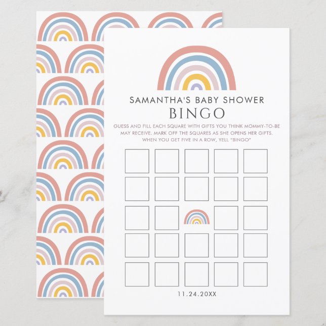 Boho Rainbow Watercolor Baby Shower Bingo (Front/Back)