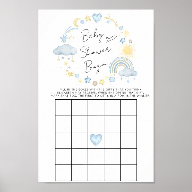 Boho Rainbow Watercolor Baby Shower Bingo Game Poster (Front)