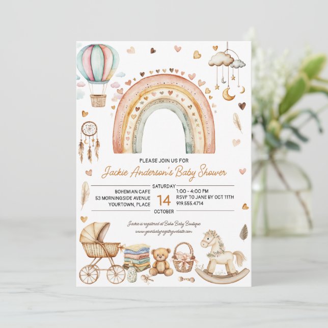 Boho Rainbow Watercolor Baby Shower Invitation (Standing Front)
