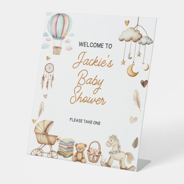 Boho Rainbow Watercolor Baby Shower Pedestal Sign (Front)