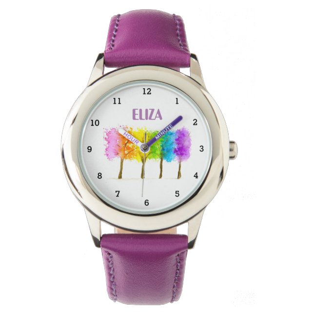 Boho Rainbow Watercolor Cute Girls Pink Kids Watch (Front)