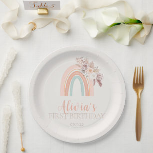 Boho Rainbow Watercolor First Birthday Paper Plate