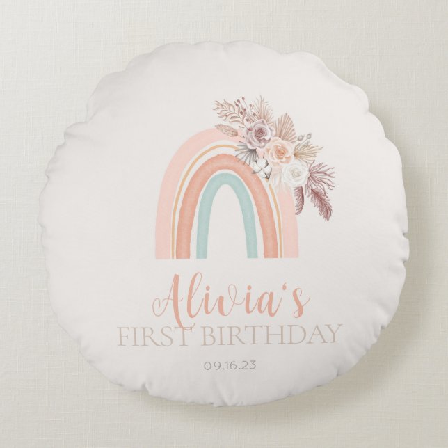 Boho Rainbow Watercolor First Birthday Round Cushion (Front)