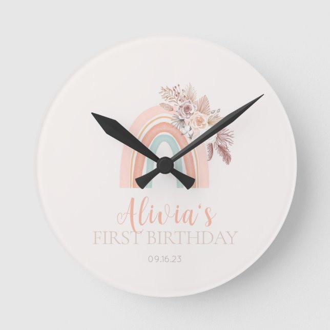 Boho Rainbow Watercolor First Birthday Wall Clock (Front)