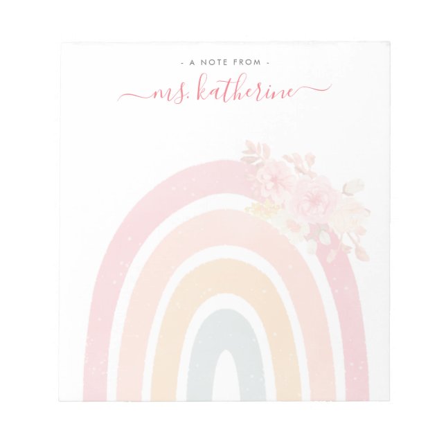 Boho Rainbow Watercolor Pink Floral Teacher's Notepad (Front)