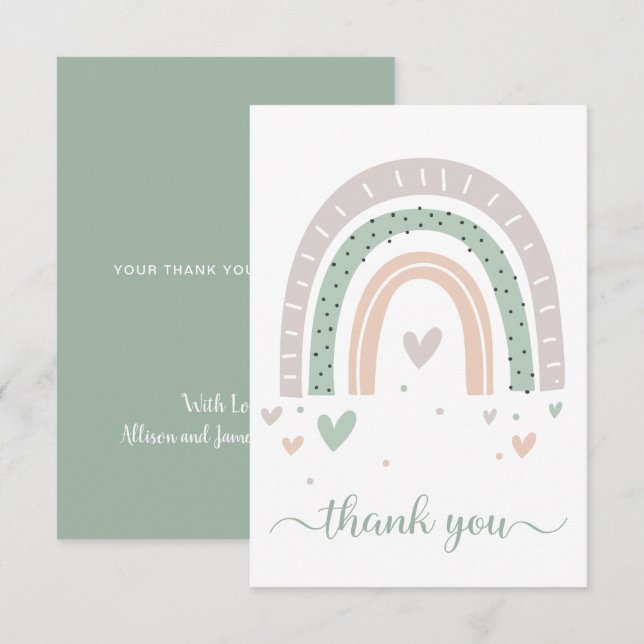 Boho Rainbow Watercolor Sage Green Thank You Card (Front/Back)