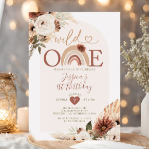 Boho Rainbow Wild ONE Birthday Pampas Grass Invitation