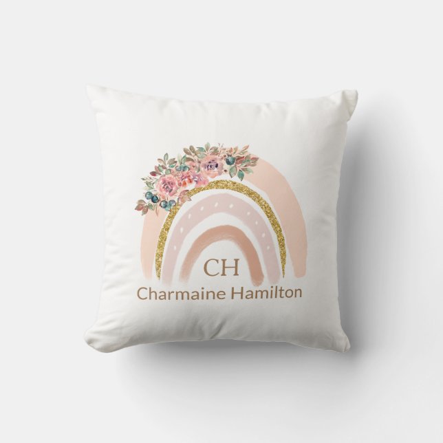 Boho Rainbow with Flowers - Neutral Colour  Cushion (Front)