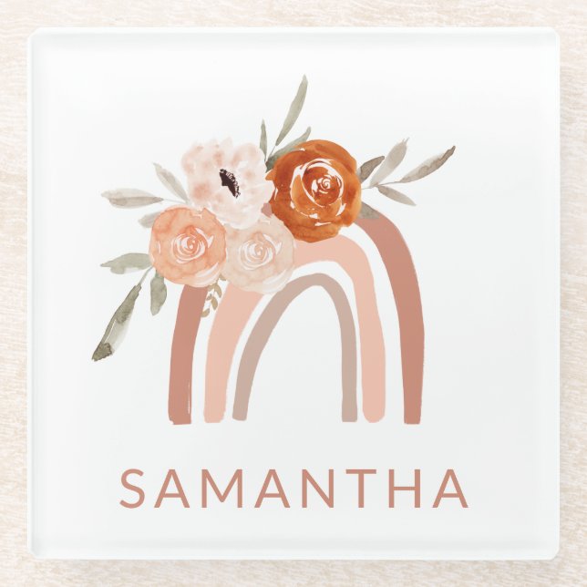 Boho Rainbow with Flowers | Neutral Colour Glass Coaster (Front)