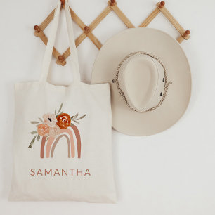 Boho Rainbow with Flowers   Neutral Colour Tote Bag