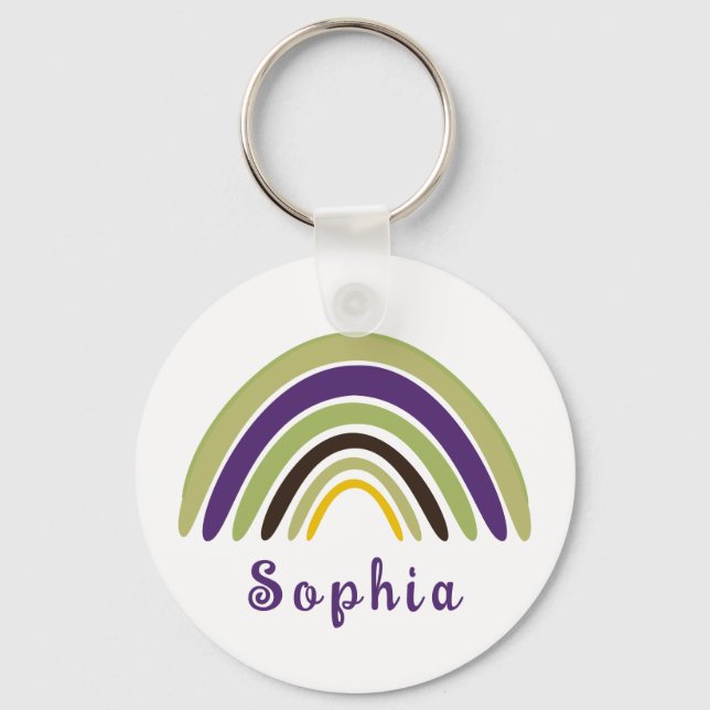 Boho Rainbow with Personalised Name in Green  Key Ring (Front)