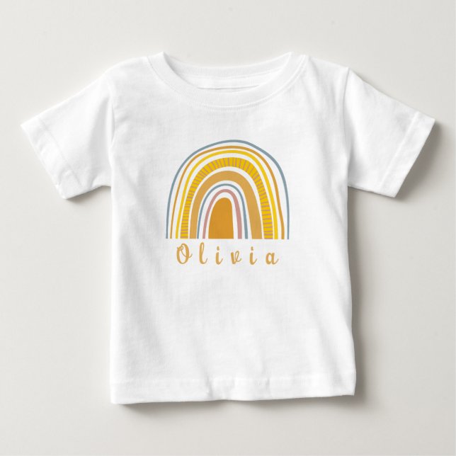 Boho Rainbow with Personalised Name Whimsical  Baby T-Shirt (Front)