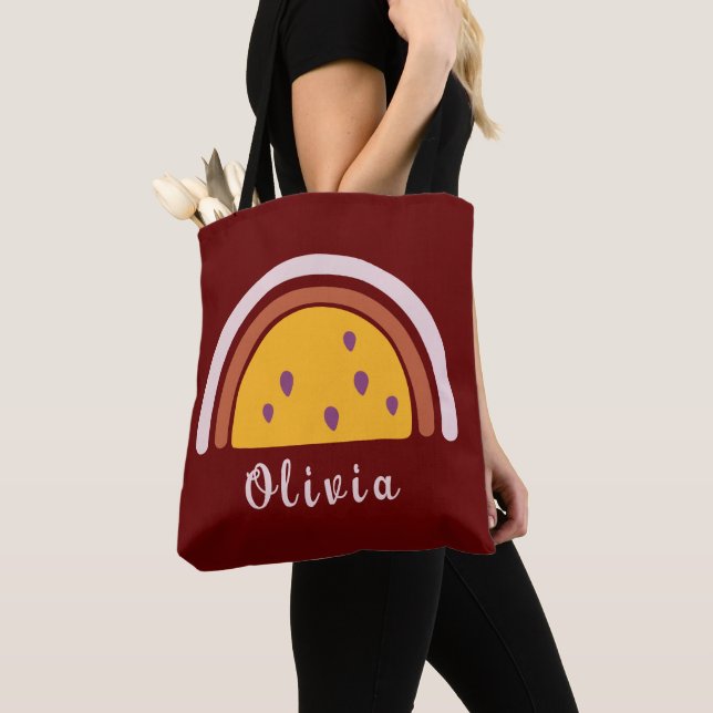 Boho Rainbow with Personalised Name Yellow Tote Bag (Close Up)
