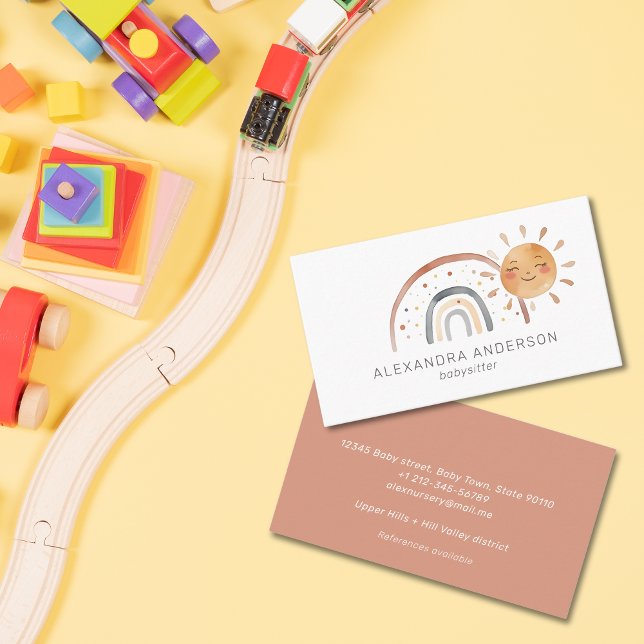 Boho Rainbow with Sun Watercolor Babysitter Business Card (Boho Rainbow with Sun Watercolor Babysitter Business Card)