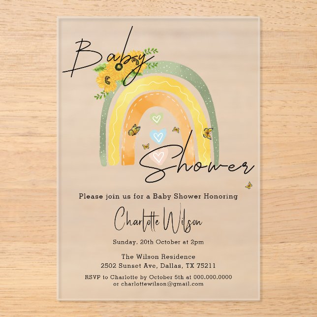 Boho Rainbow With Sunflowers Baby Shower Acrylic Invitations (Front)