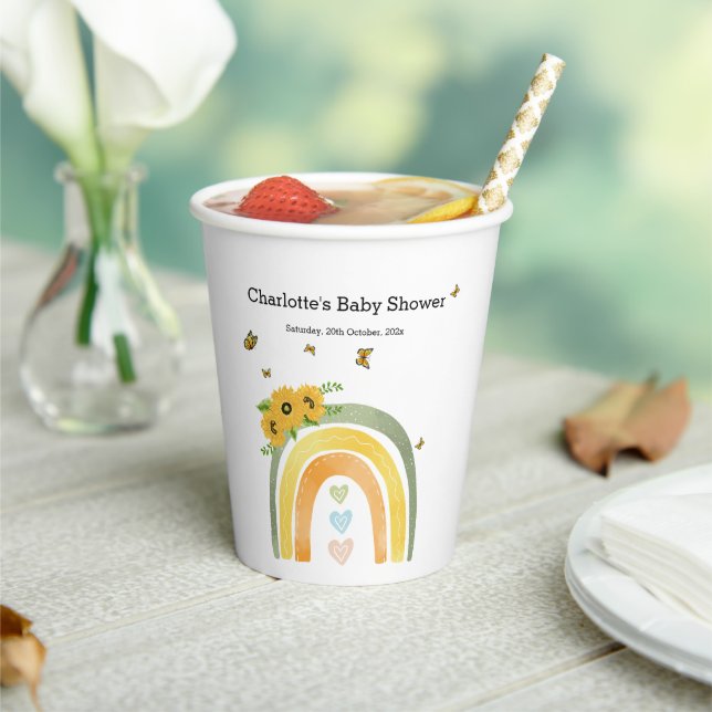 Boho Rainbow With Sunflowers Baby Shower Paper Cups (Insitu)