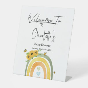 Boho Rainbow With Sunflowers Baby Shower Pedestal Sign