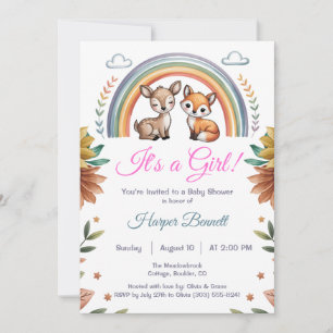 Boho Rainbow Woodland Animals Girl Baby Shower Invitation