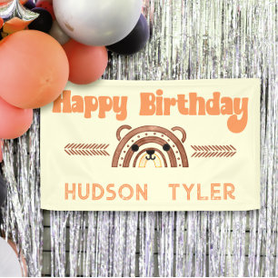 Boho Rainbow Woodland Bear Birthday Party Welcome Banner