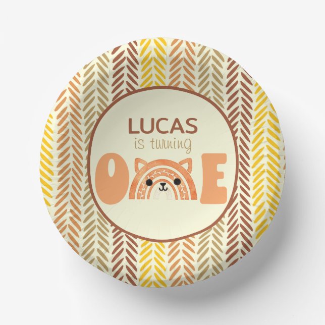 Boho Rainbow Woodland Fox First Birthday Paper Plate (Front)