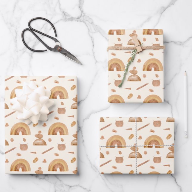Boho Rainbow & Zen Stone Pattern Wrapping Paper Sheet (Front)