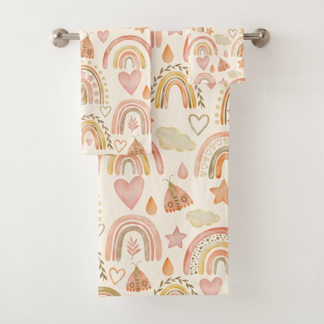 Boho Rainbows Earthy Terracotta Bath Towels Set (Insitu)