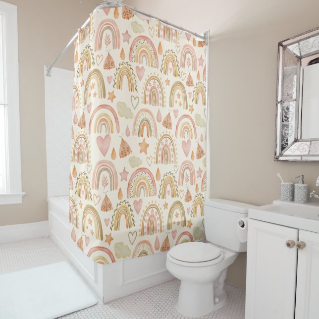 Boho Rainbows Earthy Terracotta Shower Curtain (In Situ)