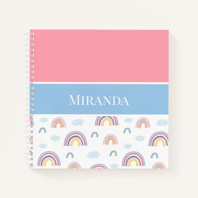 Boho Rainbows Pink Blue Your Name Typography Notebook (Front)