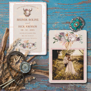 Boho Ranch White Leather Photo Wedding Invitation