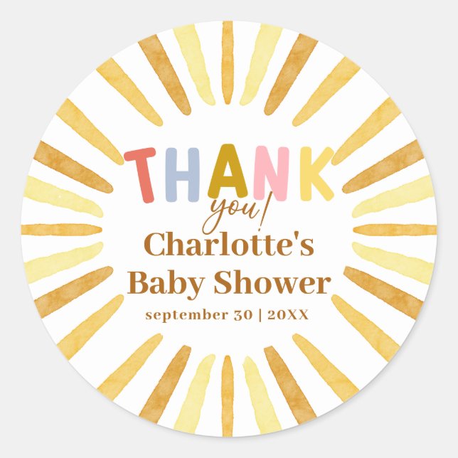 Boho Ray of Sunshine Baby Shower Thank You Classic Round Sticker (Front)