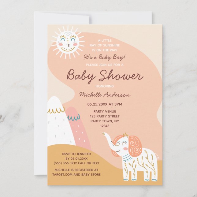 Boho Ray of Sunshine Elephant Muted Baby Shower (Front)