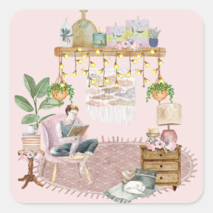 Boho Reading Room Square Sticker