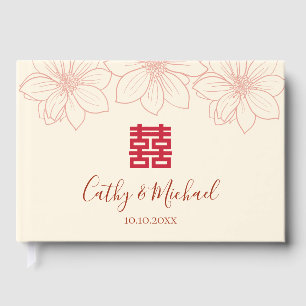 Boho red and beige floral Chinese wedding Guest Book