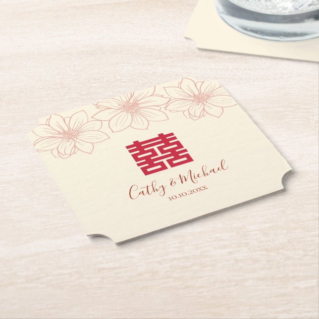 Boho red and beige floral Chinese wedding Paper Coaster (Angled)