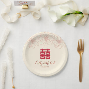 Boho red and beige floral Chinese wedding Paper Plate
