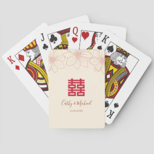 Boho red and beige floral Chinese wedding Playing Cards