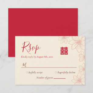 Boho red and beige floral Chinese wedding RSVP Card