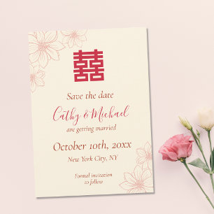 Boho red and beige floral Chinese wedding  Save The Date