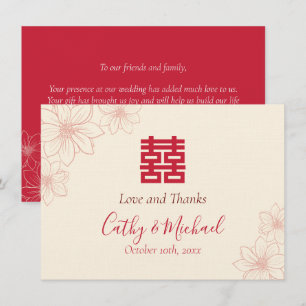 Boho red and beige floral Chinese wedding  Thank You Card