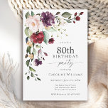 Boho Red and Purple Floral 80th Birthday Party Invitation<br><div class="desc">Celebrate an 80th birthday in beautiful boho style with this attractive watercolor floral birthday party invitation. It has a lovely floral corner bouquet in the stylish colour combination of burgundy red, blush pink, plum purple, and peach with leafy greenery scattered throughout. It makes a wonderful choice for celebrations from mid-summer,...</div>