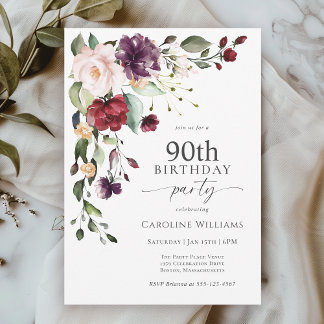 Boho Red and Purple Floral 90th Birthday Party Invitation
