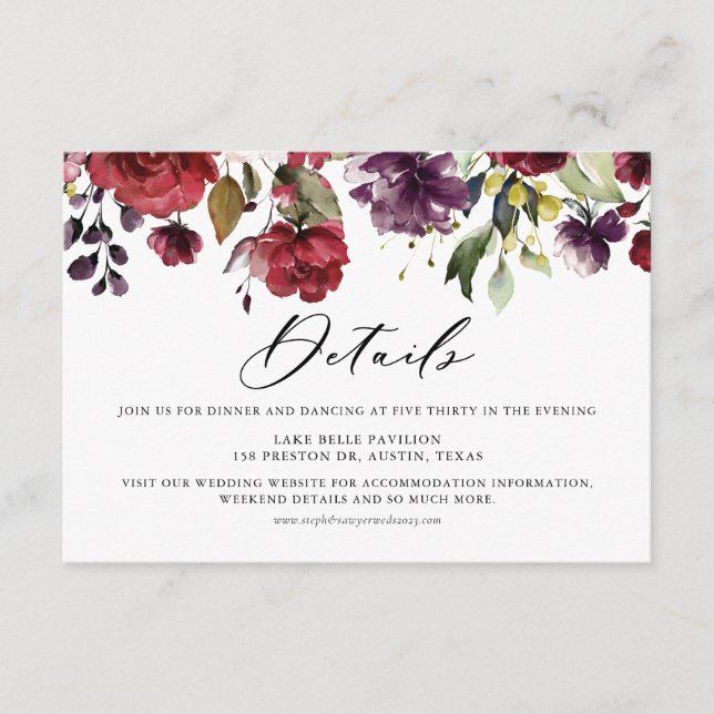 Boho Red and Purple Watercolor Flowers Details Enclosure Card (Front)