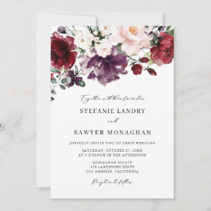 Boho Red and Purple Watercolor Flowers Wedding Invitation