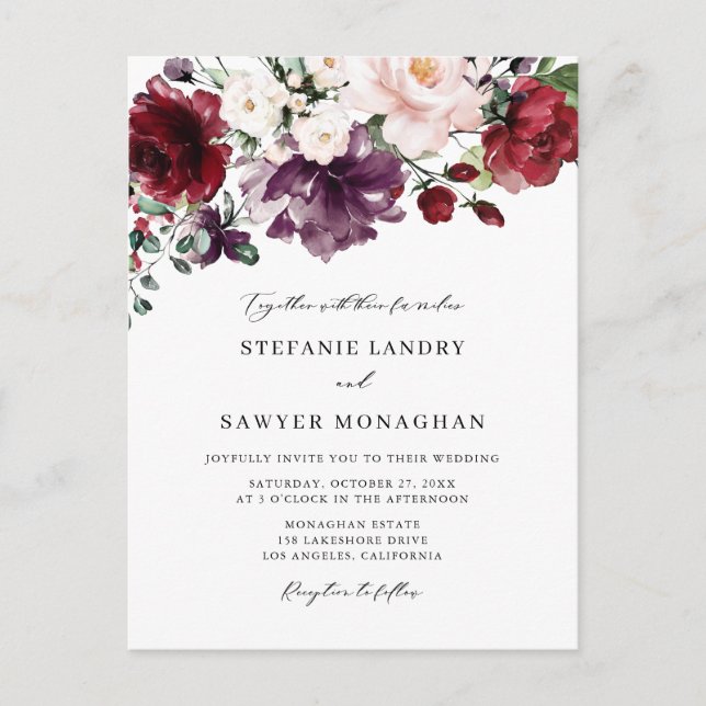 Boho Red and Purple Watercolor Flowers Wedding Invitation Postcard (Front)