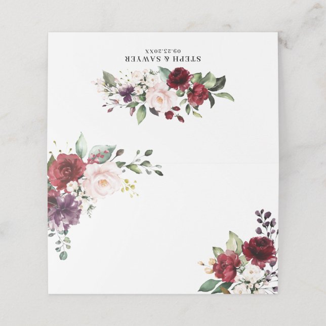 Boho Red and Purple Watercolor Flowers Wedding Place Card (Outside Unfolded)