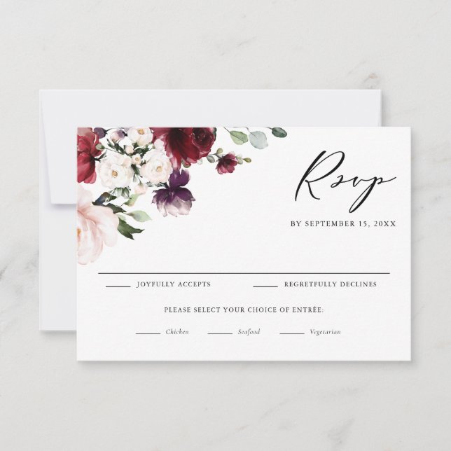 Boho Red and Purple Watercolor Flowers Wedding RSVP Card (Front)