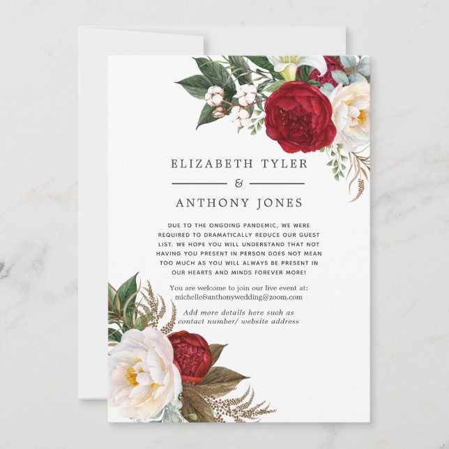 Boho Red and White Floral Reduced Wedding Guests Announcement (Front)