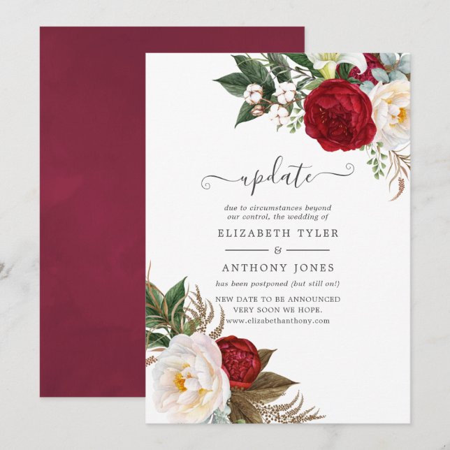 Boho Red and White Floral Wedding Update Invitation (Front/Back)