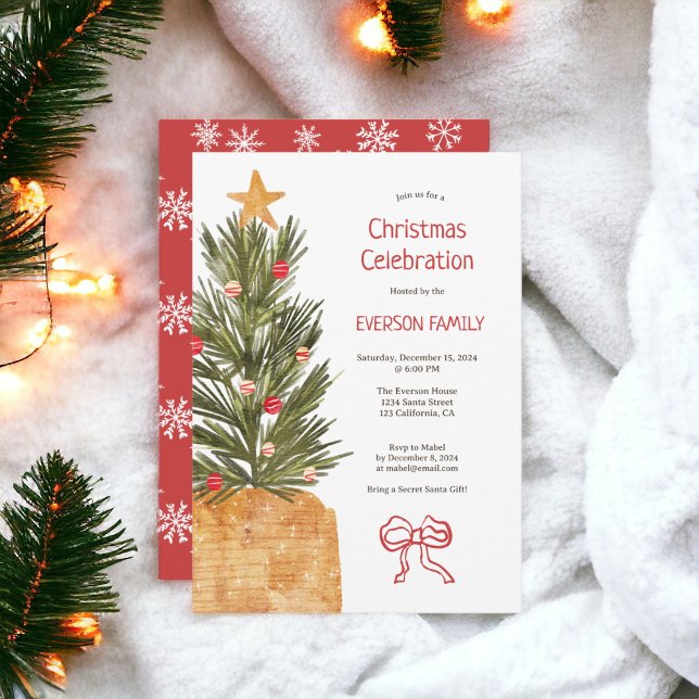 Boho Red and White Scandi Christmas Tree Party Invitation (Boho Red and White Scandi Christmas Tree Party Invitation)